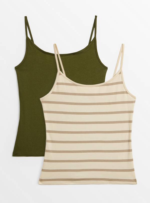 Beige Stripe & Khaki Strappy Vest Tops 2 Pack  10